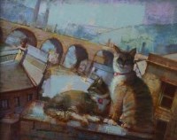 Lot 387 - Bohuslav Barlow, Alley Cats in Green, oil on canvas.