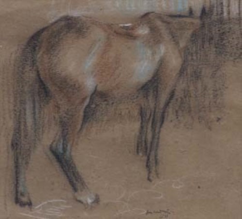 Lot 392 - Robert Sargent Austin, Hunter in a stable, crayon.