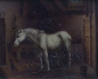 Lot 456 - Small oil on panel of a horse in a stable.