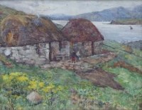 Lot 476 - E. Black, Highland crofter's cottages, watercolour.