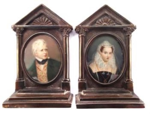 Lot 485 - Pair of portrait miniatures, signed Bennon and Dubois, mounted in metal architectural frames, oval (2).