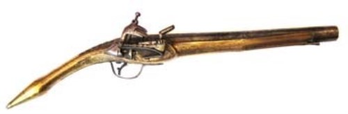 Lot 63 - Balkan (Albanian) Miquelet flintlock pistol   with full length etched and engraved brass rat tail stock, .600 bore, 47cm overall length