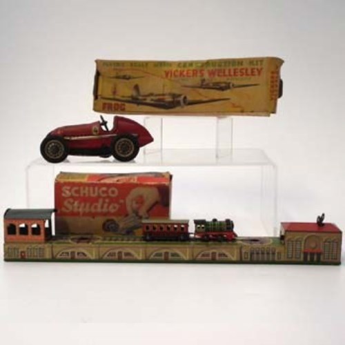 Lot 84 - Tin plate miniature station, Schuco 'Studio' car and Frog Vickers Wellesley bomber.