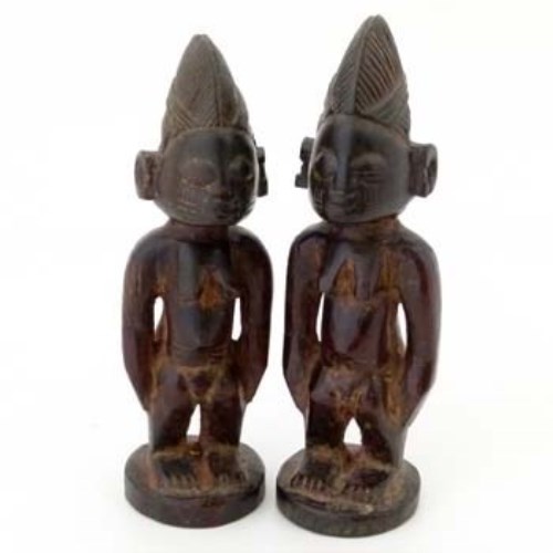 Lot 98 - Pair ibeji female figures, indigo colouration and