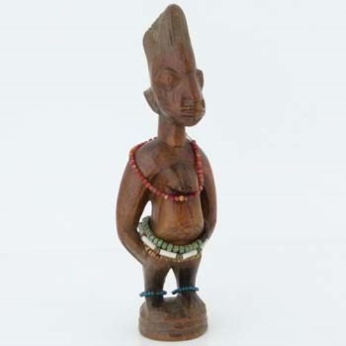 Lot 123 - Yoruba ibeji female figure, agate bead necklace