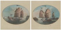Lot 197 - Pair of Chinese gouache oval paintings of junks