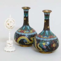 Lot 205 - Pair of Chinese cloisonne vases and an ivory