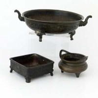 Lot 226 - Three Chinese bronze ritual vessels:  shallow