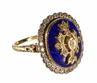 Lot 272 - Blue enamel and diamond oval cluster 18ct gold ring