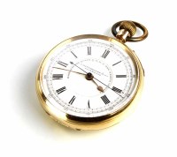 Lot 277 - 18ct gold chronograph open face pocket watch by J. Hargreaves & Co, Liverpool