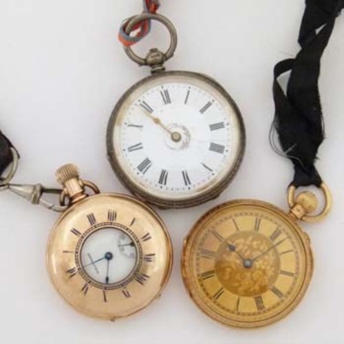 Lot 617 - 18ct gold stem wind fob watch, Waltham gold plated stem wind fob watch, silver cased fob watch (3).