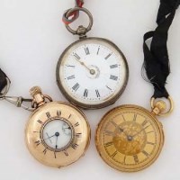 Lot 617 - 18ct gold stem wind fob watch, Waltham gold plated stem wind fob watch, silver cased fob watch (3).