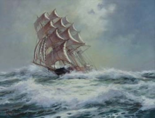 Lot 758 - Rodney Charman, Tall ship in rough waters, oil.