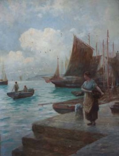 Lot 878 - Henry Martin, Harbour scene with figure, oil.
