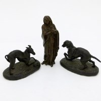 Lot 16 - Bronze figure of Virgin Mary, also two Spelter dogs.