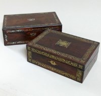 Lot 22 - Victorian brass inlaid rosewood writing box and a pearl inlaid writing box (2).