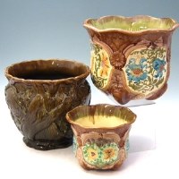Lot 144 - Minton secessionist jardiniere and one other Majolica jardiniere, also a small secessionist jardiniere.