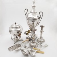 Lot 176 - Two electro-plated tea urns, pr candlesticks and other plated items.