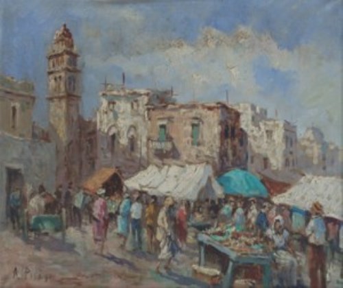 Lot 369 - Angelo Pisani, Mercato alla Chiesa, oil.