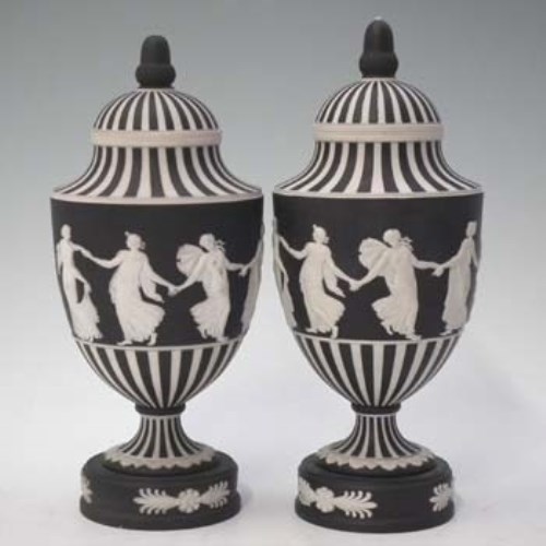 Lot 168 - Pair of Wedgwood black jasper dip lidded vases