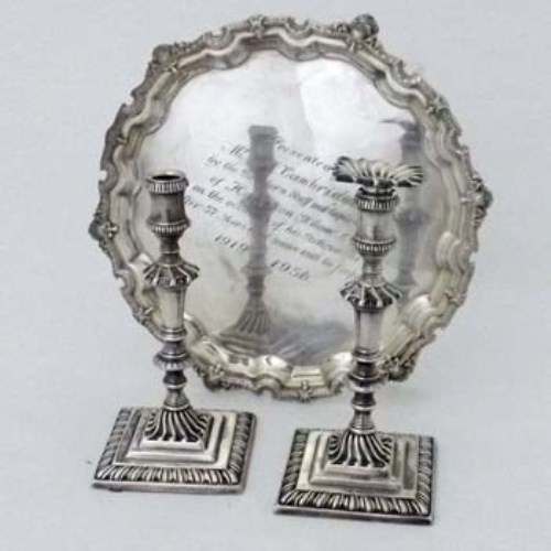 Lot 209 - Inscribed Silver Waiter and a pair of Taper