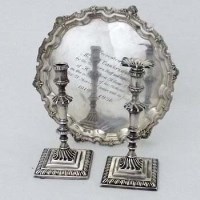 Lot 209 - Inscribed Silver Waiter and a pair of Taper