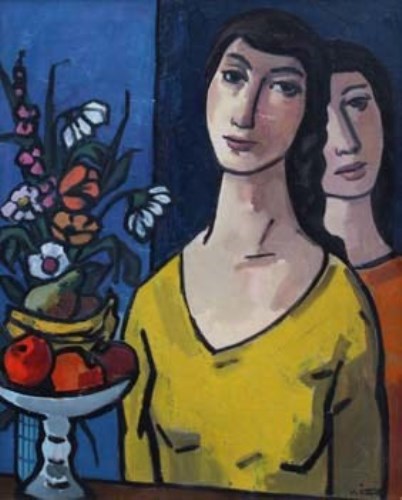 Lot 395 - Karel Wiggers, Two ladies with flowers and fruit, oil.
