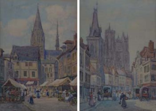 Lot 519 - J.W. Milliken, Continental town scenes, watercolour (2).