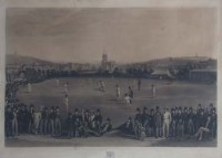 Lot 528 - The Cricket Match, Sussex and Kent in bird’s-eye maple frame.