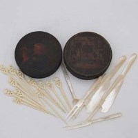 Lot 35 - Two papier mache circular boxes, shell knives and forks, ivory sticks.