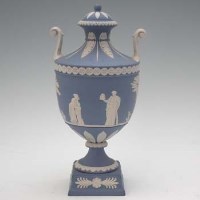 Lot 243 - Wedgwood jasper ware twin handled lidded vase