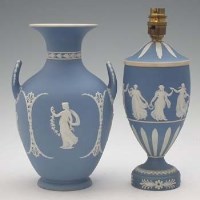 Lot 245 - Wedgwood blue jasper dip twin handled vase and a