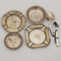 Lot 349 - Two silver ash trays, two silver dishes, two silver pen knives and mother-of-pearl goat cart.