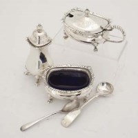 Lot 363 - Three-piece silver condiment set and two spoons.