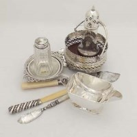 Lot 364 - Art deco silver milk jug; two pairs of silver bon bon dishes; silver handled ivory paper knife; silver topped glass caster and two E.P. items, silver