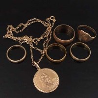Lot 511 - 9ct gold St. Christopher medallion on chain; three 9ct gold wedding rings; signet ring.