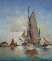 Lot 566 - Franz Ambrasath, River view with sailing vessels, oil.