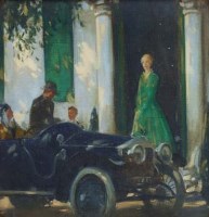 Lot 578 - English School, early 20th century, Figures with a Rolls Royce, oil.