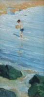 Lot 579 - David Hunt, Coastal scenes with children playing, oil (4).