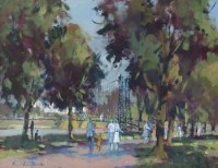 Lot 596 - James Longueville, Queens Park Bridge over the River Dee at Chester, oil.
