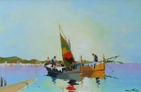 Lot 614 - C.R. Doyly-John, Dawn Fishermen off the French Coast at St. Tropez, oil.