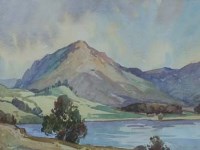 Lot 665 - Lewis Mortimer, Two lake scenes and rural lane, watercolour (3).