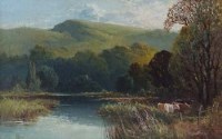 Lot 692 - H. Adams, 19th century, Lake scene with cattle, oil.