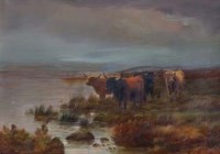 Lot 694 - W.H. Watson, Highland cattle watering at a burn, oil.