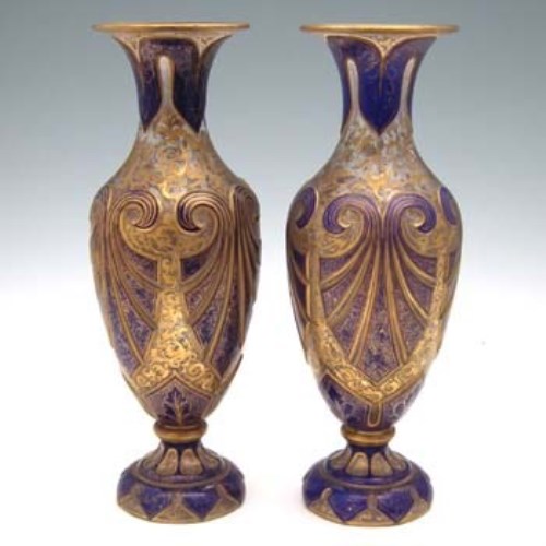 Lot 82 - Pair cobalt blue and gilt glass vases.