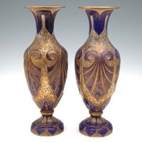 Lot 82 - Pair cobalt blue and gilt glass vases.