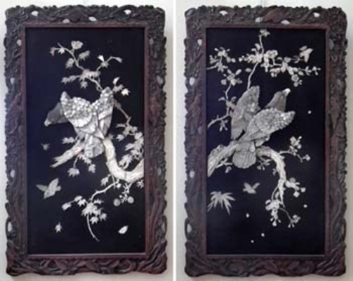 Lot 85 - Two mother-of-pearl Chinese panels depicting an