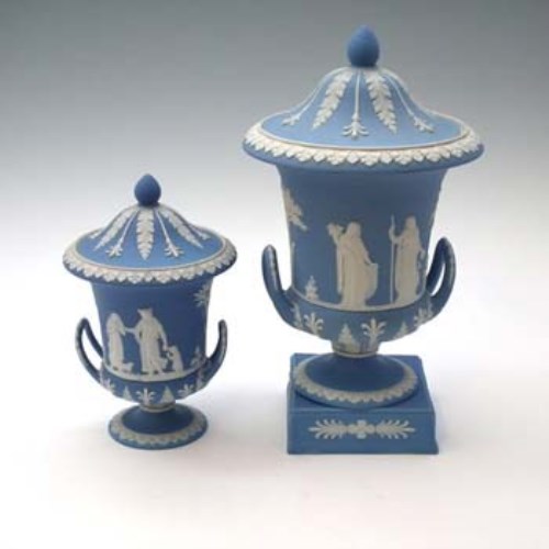 Lot 125 - Two Wedgwood blue jasper dip vases.