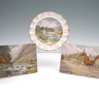 Lot 143 - Two Crown Derby plaques and a plate signed W.E.J. Dean.