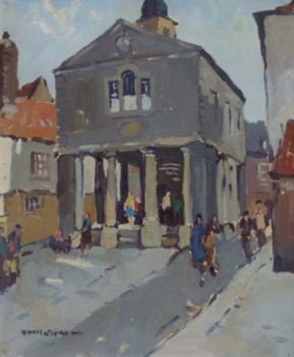 Lot 389 - Donald McIntyre, Market Place, Whitby, oil.